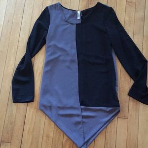 Grey and black asymmetrical sheer blouse